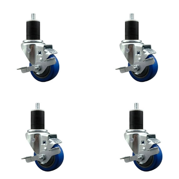 3 Inch Blue Poly Swivel 1-3/4 Inch Expanding Stem Caster Set with Brake SCC