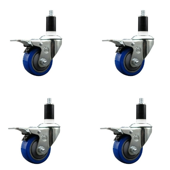 3 Inch Blue Poly Swivel 1-3/8 Inch Expanding Stem Caster Set Total Lock Brake