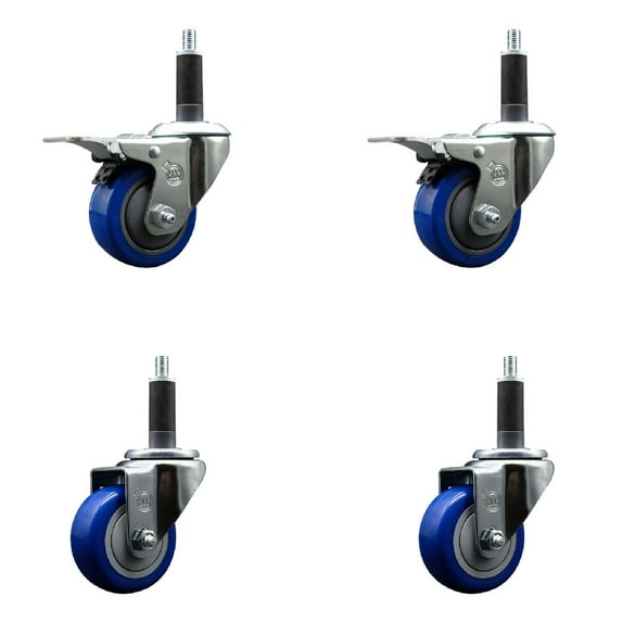 3 Inch Blue Poly Swivel 1 Inch Expanding Stem Caster Set 2 Total Lock Brakes