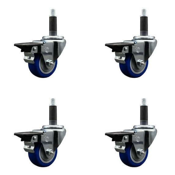 3 Inch Blue Poly Swivel 1 Inch Expanding Stem Caster Set with Brake SCC
