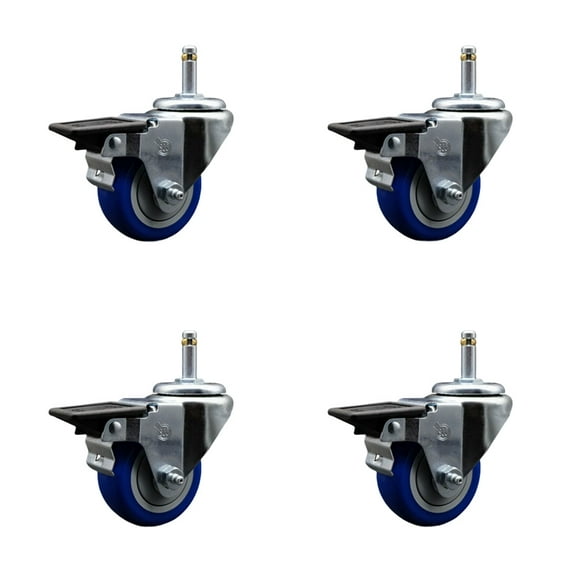 3 Inch Blue Poly Swivel 7/16 Inch Grip Ring Stem Caster Set with Brake