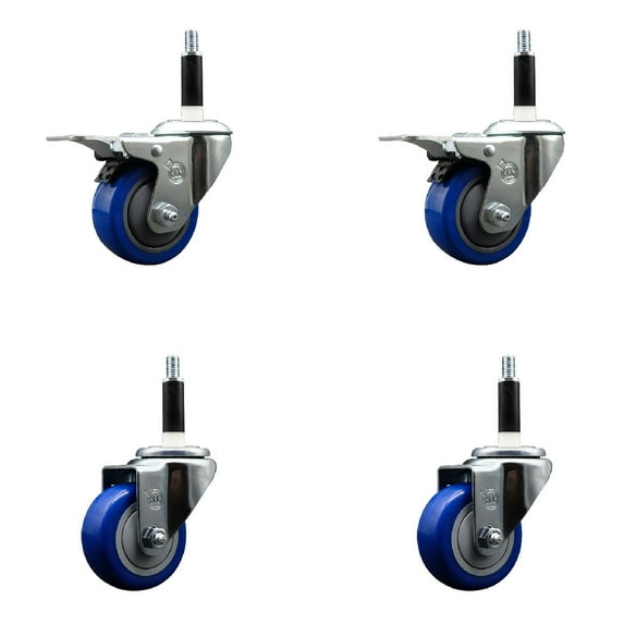 3 Inch SS Blue Poly Swivel 7/8 Inch Expanding Stem Caster Set 2 Brakes