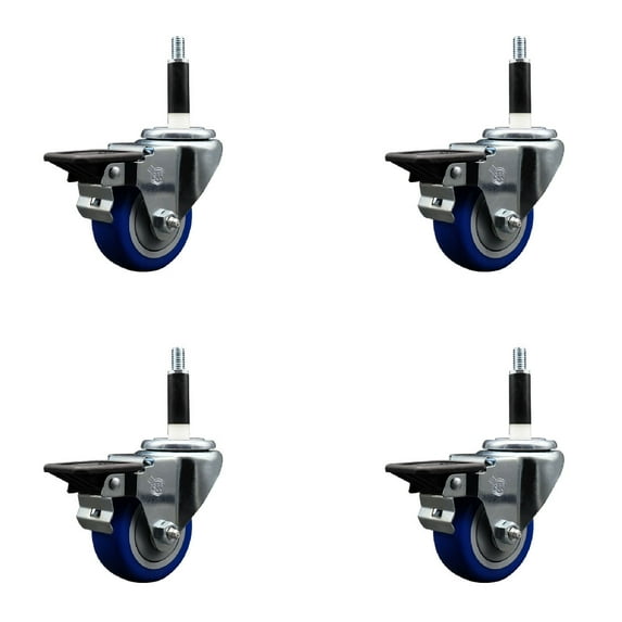 3 Inch Blue Poly Swivel 7/8 Inch Expanding Stem Caster Set with Brake SCC