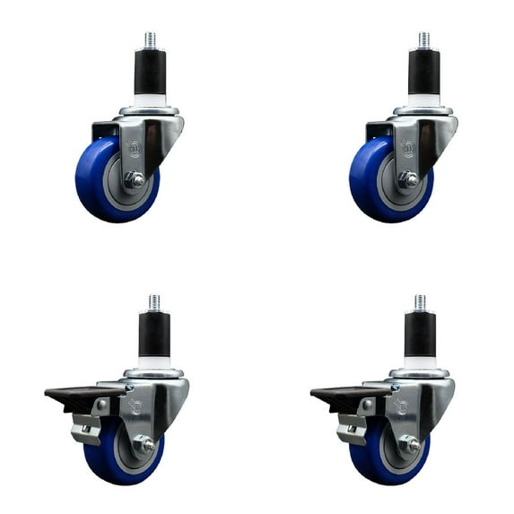 3 Inch Blue Poly Wheel Swivel 1-1/2 Inch Expanding Stem Caster Set 2 Brakes SCC