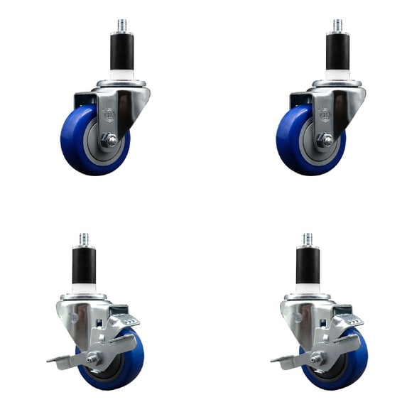 3 Inch Blue Poly Wheel Swivel 1-3/8 Inch Expanding Stem Caster Set 2 Brakes SCC