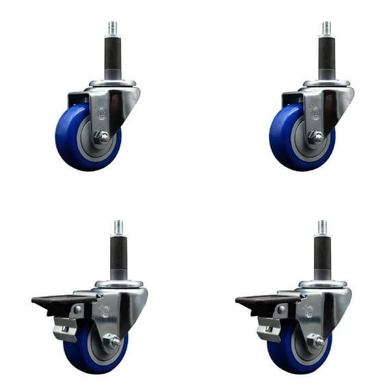 3 Inch Blue Poly Wheel Swivel 1 Inch Expanding Stem Caster Set 2 Brakes SCC