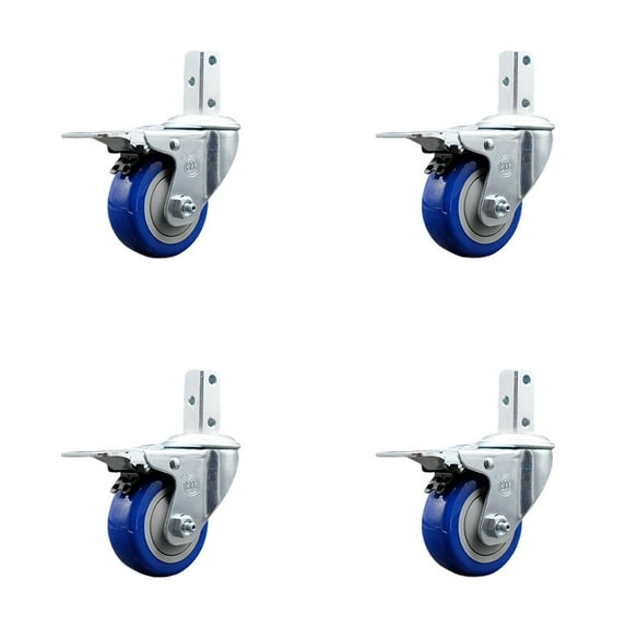 3 Inch Blue Poly Wheel Swivel 3/4 Inch Square Stem Caster Set Total Lock Brake