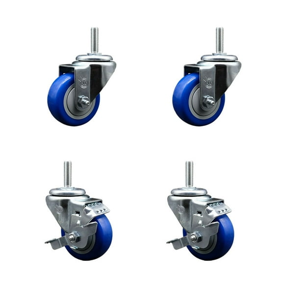 3 Inch Blue Poly Wheel Swivel 5/8 Inch Threaded Stem Caster Set 2 Brakes