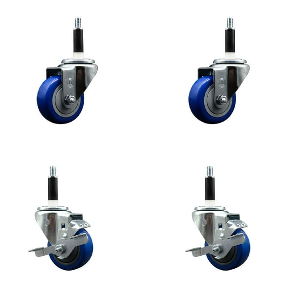 3 Inch Blue Poly Wheel Swivel 7/8 Inch Expanding Stem Caster Set 2 Brakes SCC