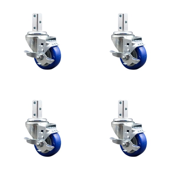 3 Inch Blue Poly Wheel Swivel 7/8 Inch Square Stem Caster Set with Brake SCC