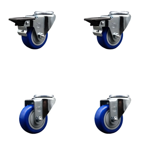 3 Inch Blue Poly Wheel Swivel Bolt Hole Caster Set with 2 Posi Lock Brakes SCC