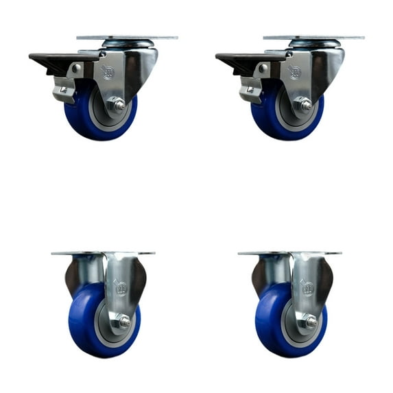 3 Inch Blue Poly Wheel Swivel Top Plate Caster Set with 2 Posi Brakes 2 Rigid