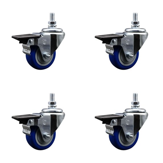 3 Inch Blue Polyurethane ½ Inch Threaded Stem Caster Set with Brake