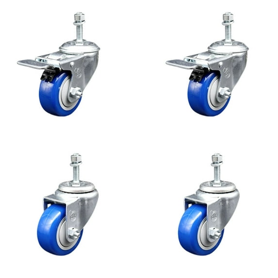 3 Inch Blue Polyurethane Swivel 3/8 Inch Stem Caster Set 2 Total Lock Brake SCC