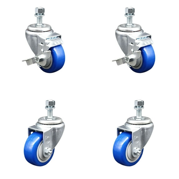 3 Inch Blue Polyurethane Wheel Swivel 12mm Threaded Stem Caster Set 2 Brake