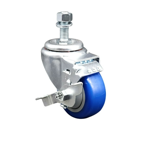 3 Inch Blue Polyurethane Wheel Swivel 12mm Threaded Stem Caster with Brake