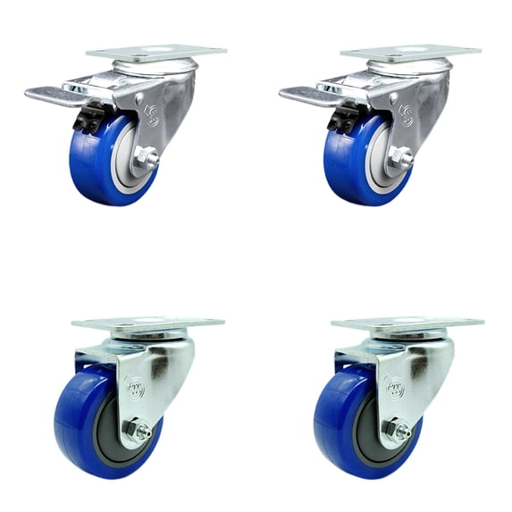 3 Inch Blue Polyurethane Wheel Swivel Top Plate Caster Set 2 Total Lock Brakes
