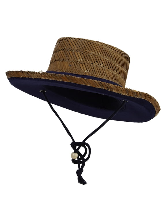 3 Inch Brim Rush Straw Gambler Hat - Navy XL