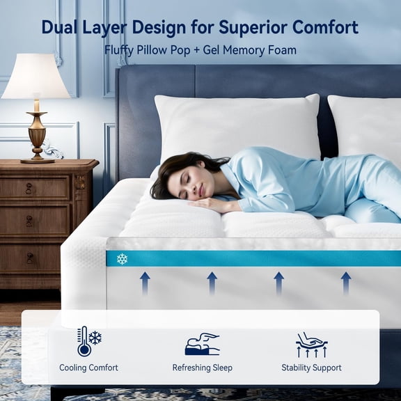 3 Inch Cooling Memory Foam Mattress Topper Full, 2 Inch Pressure-Relieving Memory Foam and 1 Inch Thick Soft Viscose Made from Bamboo Pillow Top for Hot Sleepers, Removable & Washable Cover