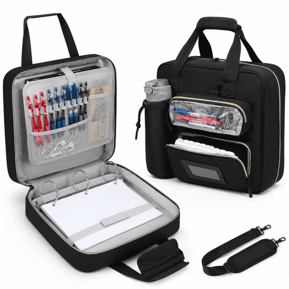 3 Inch D-Ring Zipper Binder with Detachable Pen Case, Water Bottle Pocket, 13 Inch Laptop Compartment