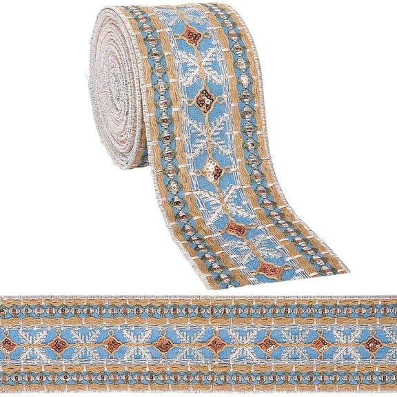 3 Inch Denim Blue Jacquard Embroidered Ribbon Trim Tape Wide Polyester Sequin Bead Embroidery Woven Fabric Applique Ribbons Crafts Clothes Dress Wedding Home Decor Diy Colorful
