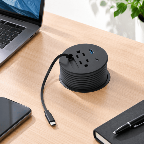 3 Inch Desk Power Grommet with Retractable USB-C Cables and 5 Charging Ports