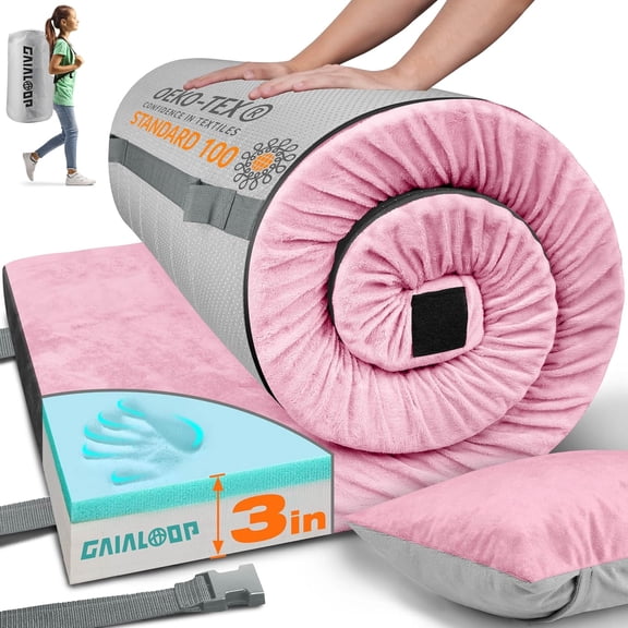 3 Inch Dual Layer Memory Foam Camping Mattress Roll Up Portable Sleeping Pad for Car Tent Cot Guest Sleepover Sakura Pink Kid Size 62x23x3 Inches