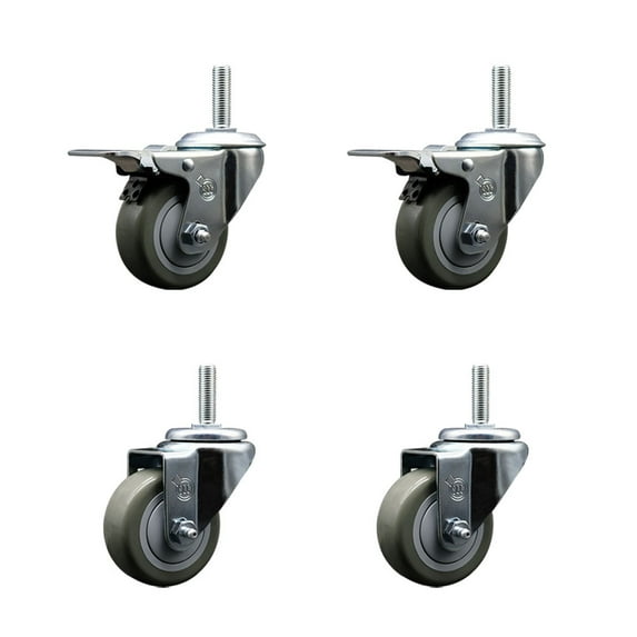 3 Inch Gray Poly Swivel 3/4 Inch Threaded Stem Caster Set 2 Total Lock Brakes