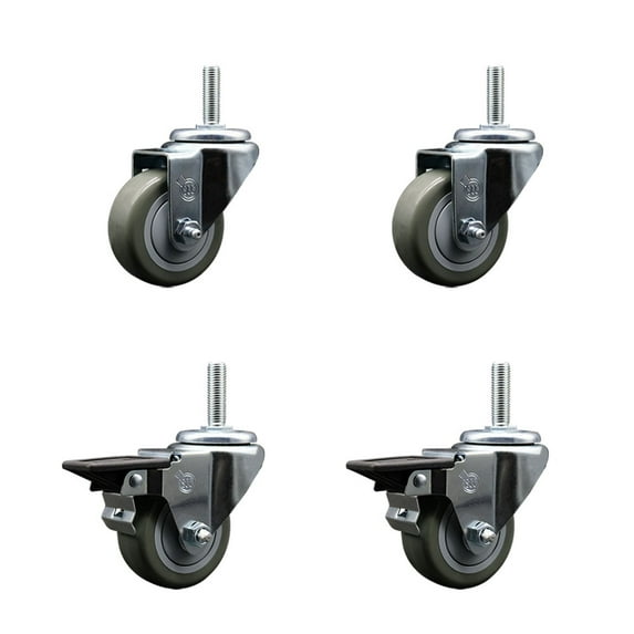 3 Inch Gray Poly Wheel Swivel 5/8 Inch Threaded Stem Caster Set 2 Brakes
