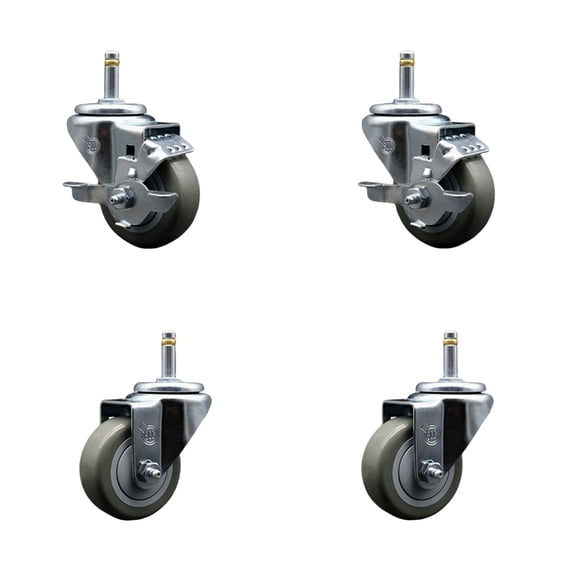 3 Inch Gray Poly Wheel Swivel 7/16 Inch Grip Ring Stem Caster Set 2 Brakes