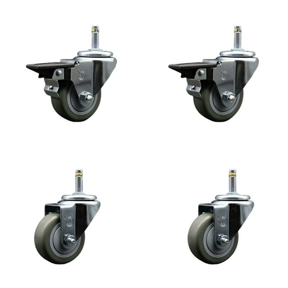 3 Inch Gray Poly Wheel Swivel 7/16 Inch Grip Ring Stem Caster Set 2 Brakes