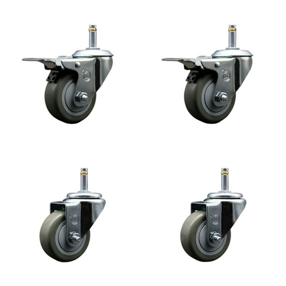3 Inch Gray Poly Wheel Swivel 7/16 Inch Stem Caster Set 2 Total Lock Brake