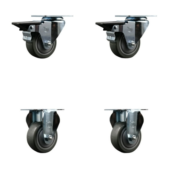 3 Inch Gray Poly Wheel Swivel Top Plate Caster Set with 2 Posi Brakes 2 Rigid