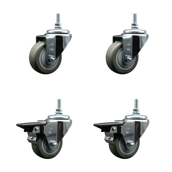 3 Inch Gray Polyurethane 3/8 Inch Threaded Stem Caster Set 2 Brakes SCC
