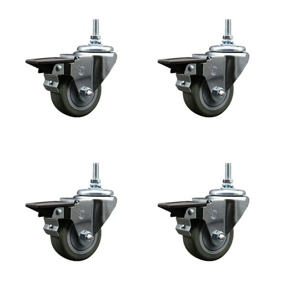 3 Inch Gray Polyurethane 3/8 Inch Threaded Stem Caster Set with Brake