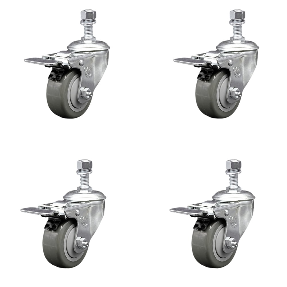 3 Inch Gray Polyurethane Swivel ½ Inch Stem Caster Set with Total Lock ...