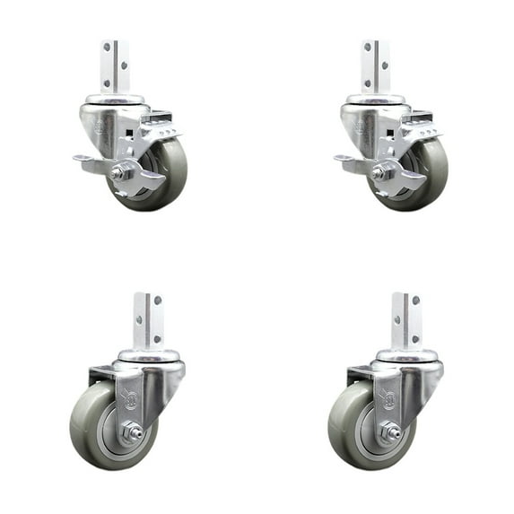 3 Inch Gray Polyurethane Wheel Swivel 3/4 Inch Square Stem Caster Set 2 Brakes
