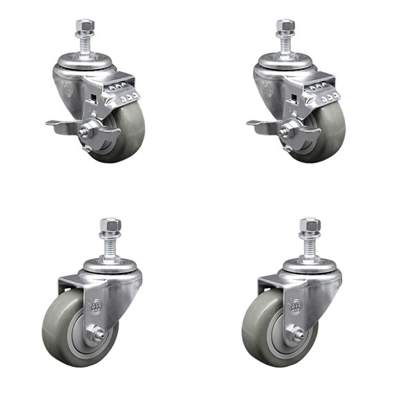 3 Inch Gray Polyurethane Wheel Swivel ½ Inch Threaded Stem Caster Set 2 Brakes