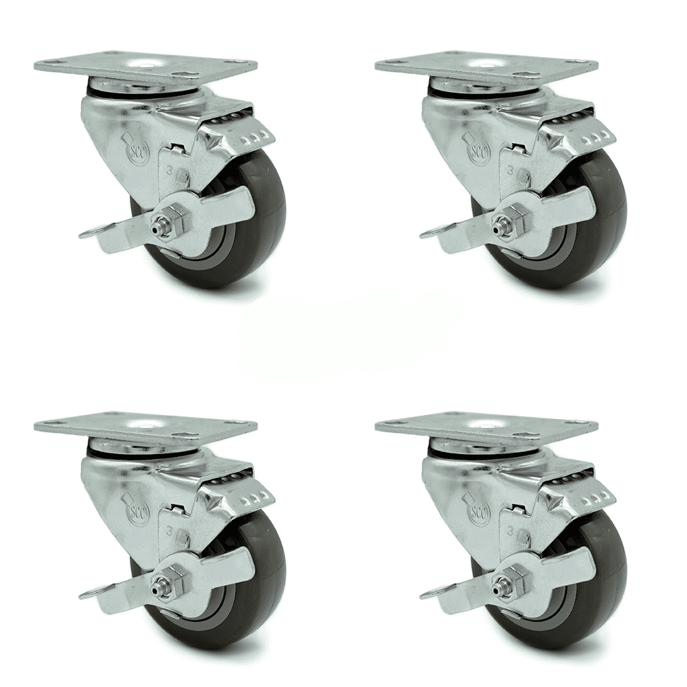3 Inch Gray Polyurethane Wheel Swivel Top Plate Caster Set with Brake SCC