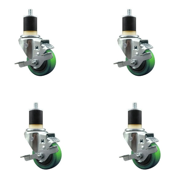 3 Inch Green Poly Swivel 1-7/8 Inch Expanding Stem Caster Set with Brake SCC