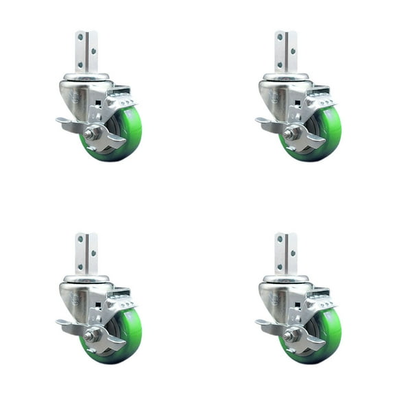 3 Inch Green Poly Wheel Swivel 3/4 Inch Square Stem Caster Set with Brake SCC