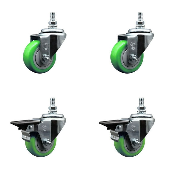 3 Inch Green Polyurethane 10MM Threaded Stem Caster Set 2 Brakes SCC