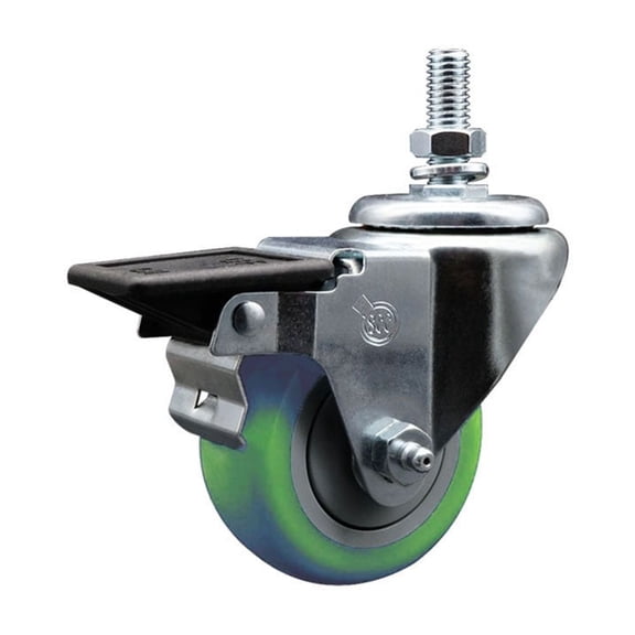 3 Inch Green Polyurethane 10MM Threaded Stem Caster with Brake