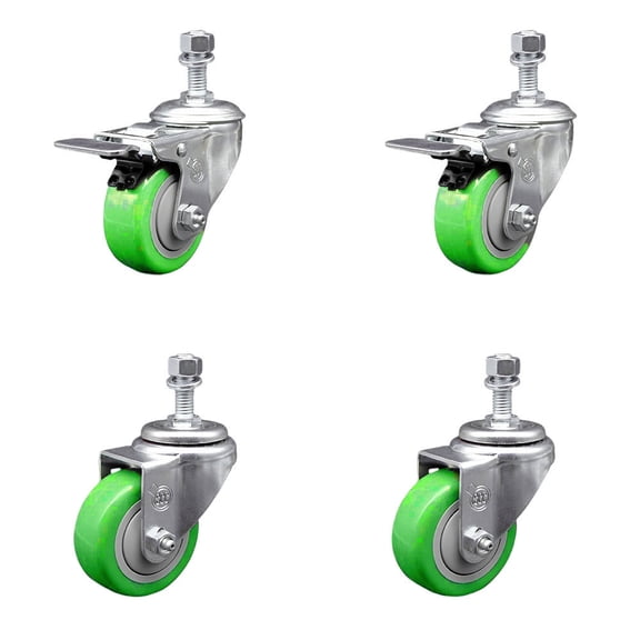 3 Inch Green Polyurethane Swivel 12mm Stem Caster Set 2 Total Lock Brake SCC