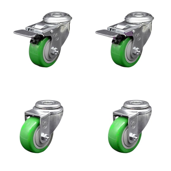 3 Inch Green Polyurethane Swivel Bolt Hole Caster Set with 2 Total Lock Brake
