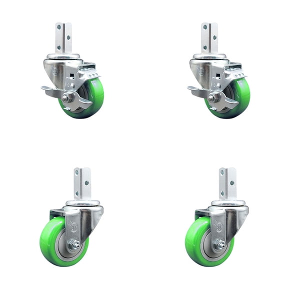 3 Inch Green Polyurethane Wheel Swivel 3/4 Inch Square Stem Caster Set 2 Brakes