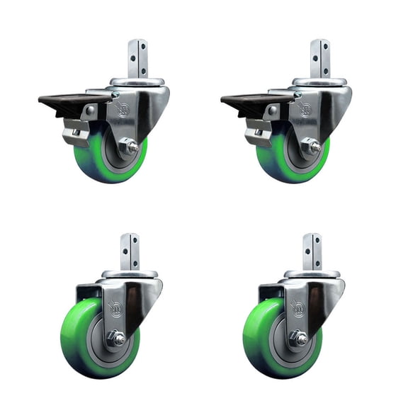 3 Inch Green Polyurethane Wheel Swivel 3/4 Inch Square Stem Caster Set 2 Brakes