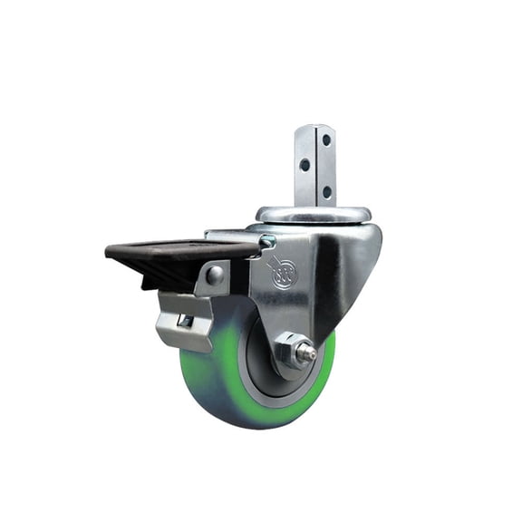3 Inch Green Polyurethane Wheel Swivel 3/4 Inch Square Stem Caster with Brake