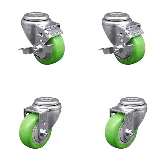 3 Inch Green Polyurethane Wheel Swivel Bolt Hole Caster Set with 2 Brake SCC
