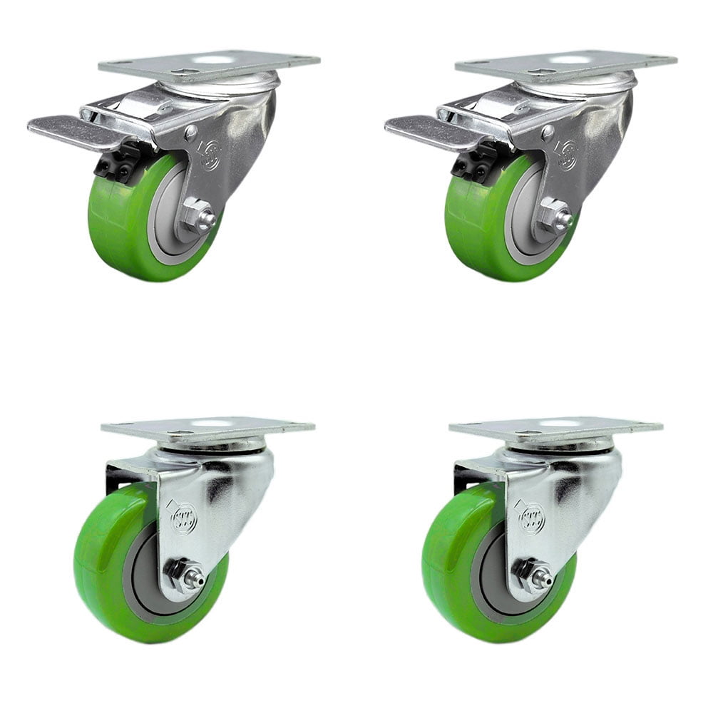 Service Caster Set Of 4 - 4" Maroon Polyurethane Wheels, Stainless Steel, Top Lock Brake